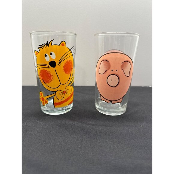 Set Of 2 Vintage Glasses With Cartoon Big Easy Pig & Cat Design By Anchor Hockin - Picture 1 of 7